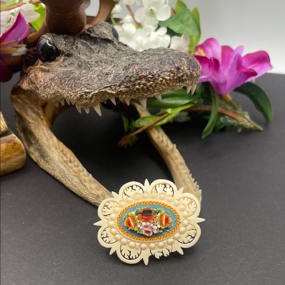 Mosaic carved bone brooch vintage